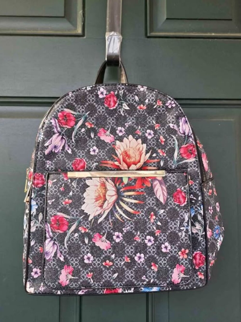 Women's Black Floral Monogram Mini Backpack Double Zip Front Pocket Saffiano Fau